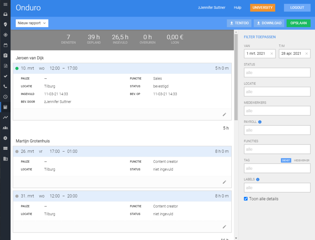 personeelsplanning en urenregistratie rapporten